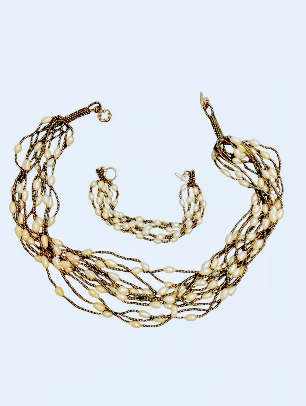 :Vintage Multi-Strand Freshwater Pearl & Seed Bead Necklace Bracelet Set | Boho